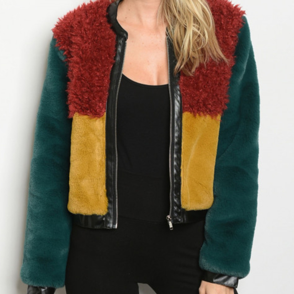 COLOR BLOCK FAUX FUR COAT RED, GREEN YELLOW - Picture 1 of 4